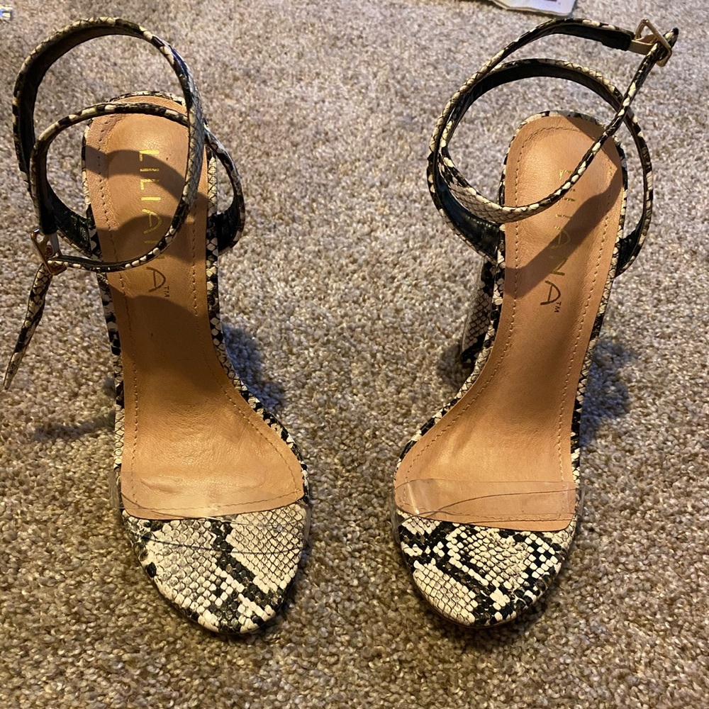Snake skin clear strapped heels (worn once)